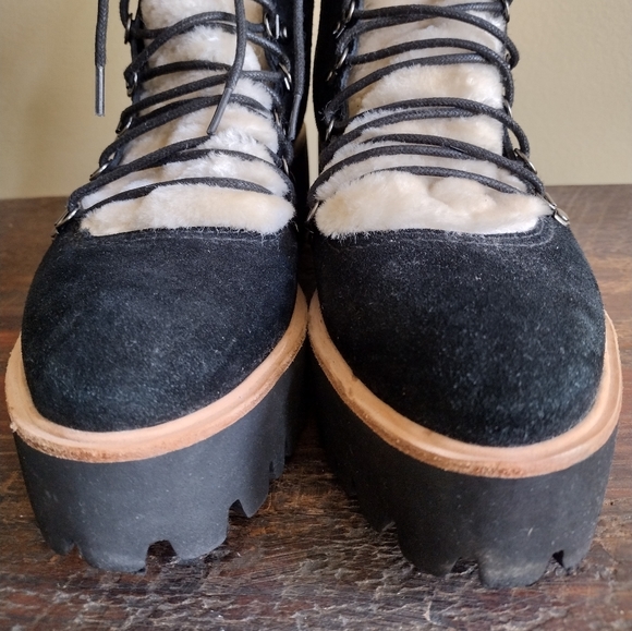 ALL BLACK Black Cream Suede Shearling Lug Flatform Platform Boots Size 37.5 (7) - Picture 6 of 12
